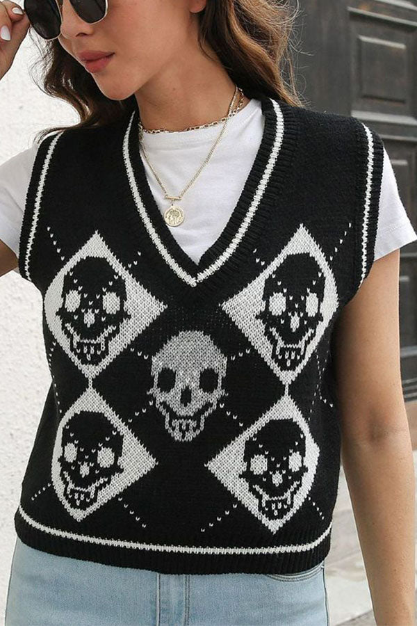 Halloween Skull Argyle Knit Sweater Vest-Consonak