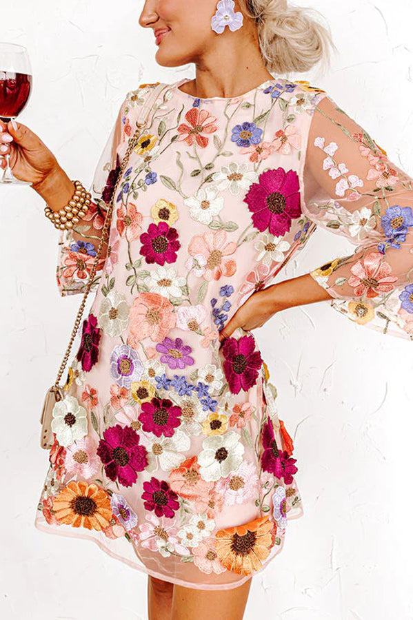 Dahlia Dreaming Embroidered Floral Applique Half Sleeve Mini Dress | Consonak
