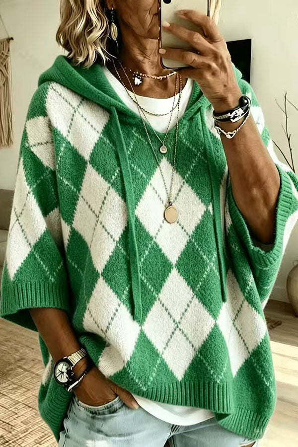 Comfortable and Casual Knit Color-blocked Plaid Print Half Sleeve Hoodie Sweater-Consonak