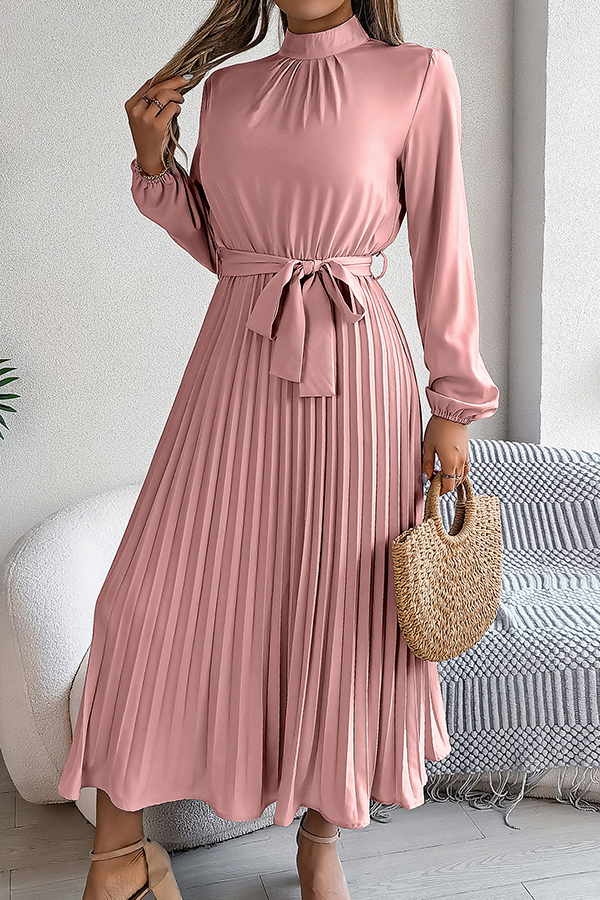 Elegant Stand-collar Long-sleeve Waisted Tie-up Pleated Midi Dress-consonak