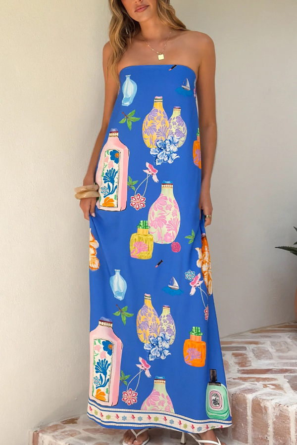 Linen Blend Perfume Bottle Print Sleeveless Off-shoulder Casual Pocket