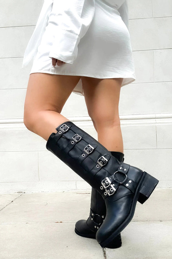 Vintage Belt Buckle Chunky Heeled Long Biker Boots-consonak