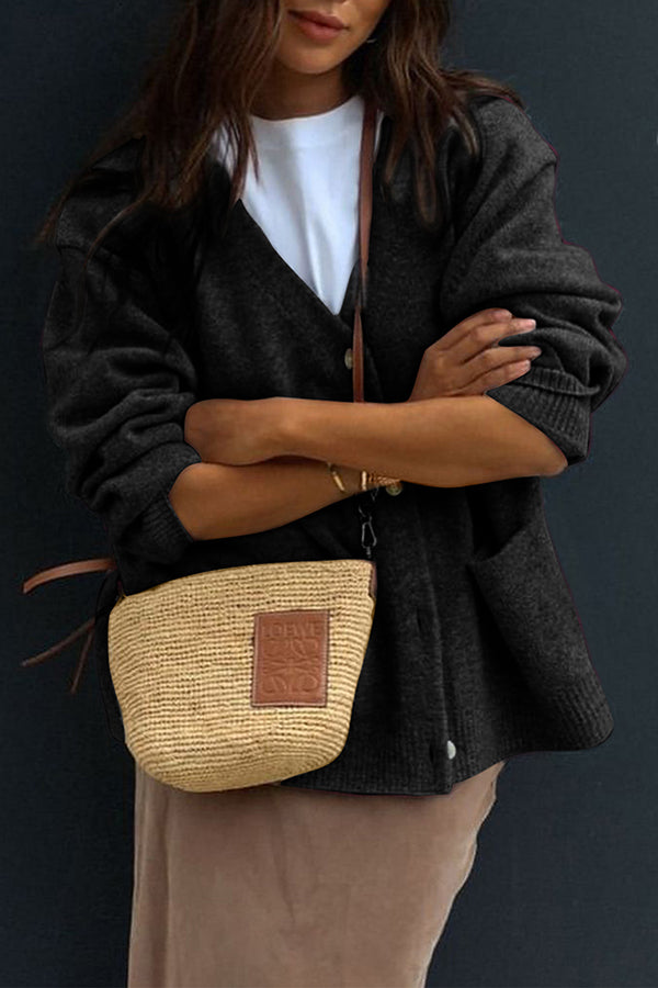 Solid Color V-Neck Button Casual Pocket Knit Cardigan-consonak