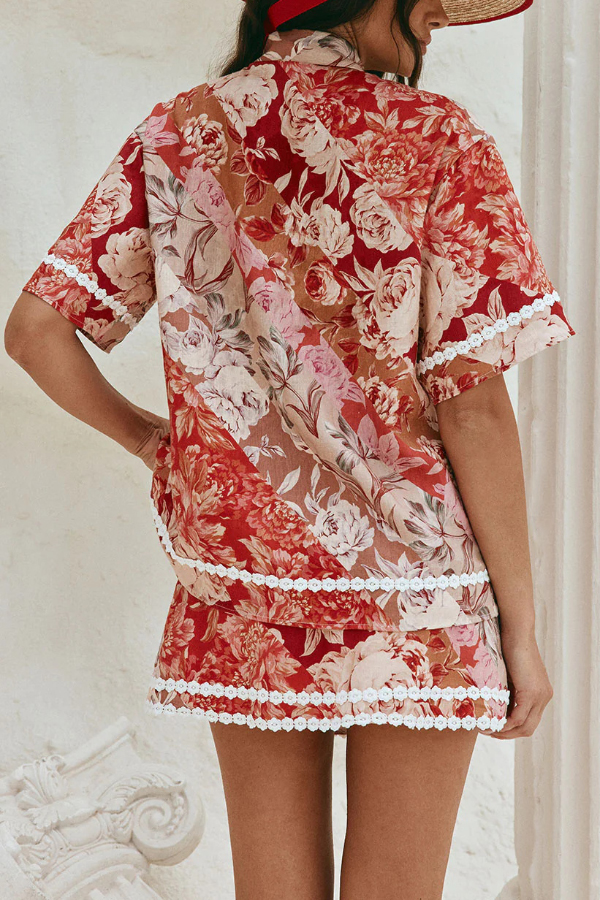 Floral Print Collared Short-sleeved Loose-fitting Shirt and Casual Floral Trim Mini Skirt Set-consonak
