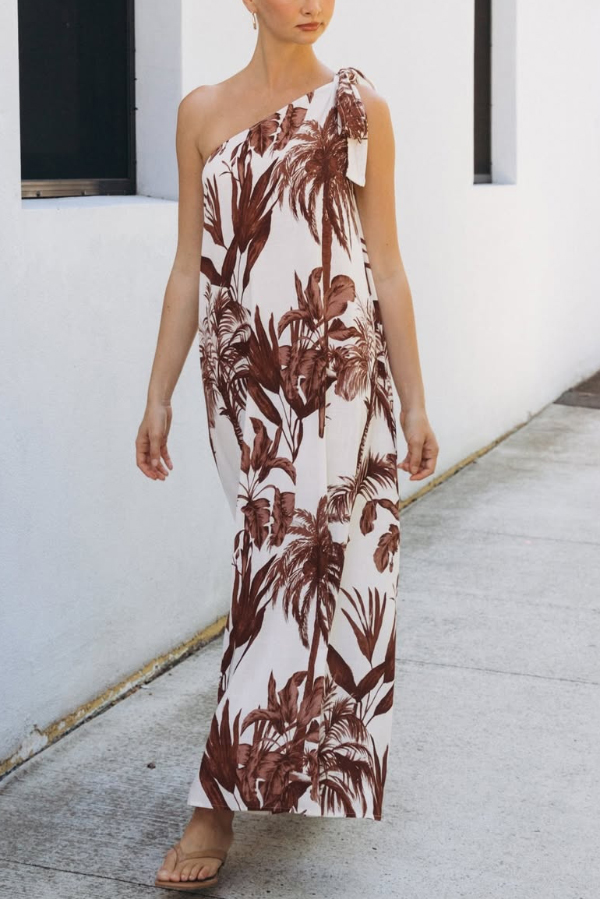 Botanical Print Sleeveless One-shoulder Casual Vacation Maxi Dress-consonak