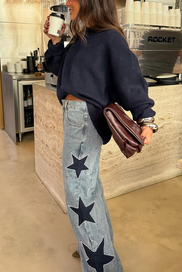 Jessy Denim Mid Rise Side Star Pattern Pocket Wide Leg Jeans | Consonak