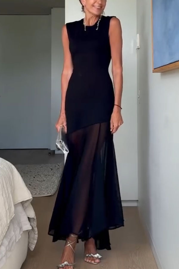 Alice Open Back Asymmetrical Tulle Hem Stretch Maxi Dress-consonak