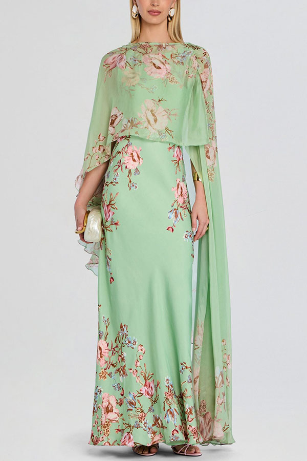 Love in Bloom Floral Print Asymmetrical Chiffon Cape Maxi Dress