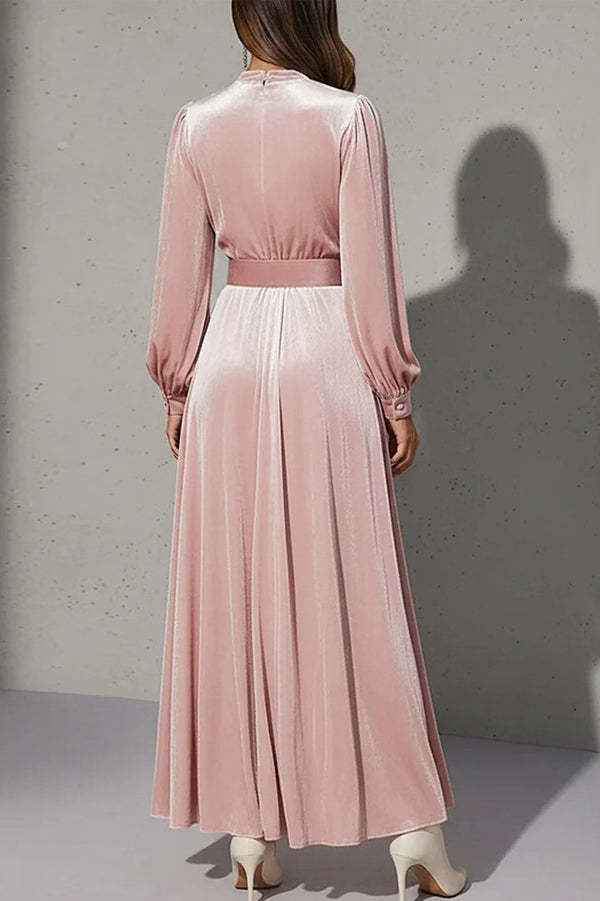 Solid Color Velvet V-neck Long-sleeved Belted Elegant Maxi Dress-consonak