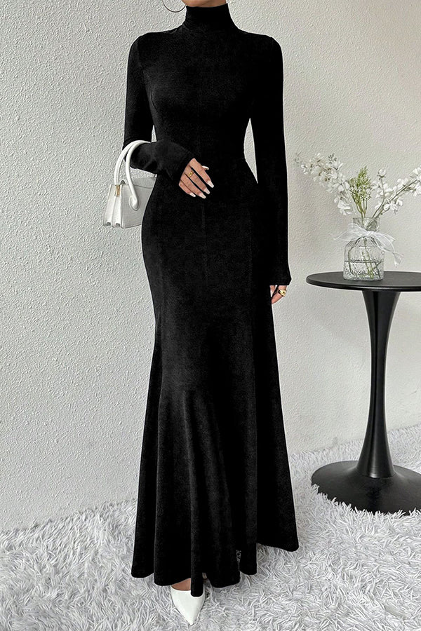 Solid Color High-neck Long-sleeved Slim-fit Fishtail Elegant Maxi Dress-consonak
