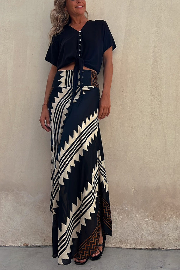 Eva Satin Geometric Print Elastic Waist Maxi Skirt | Consonak