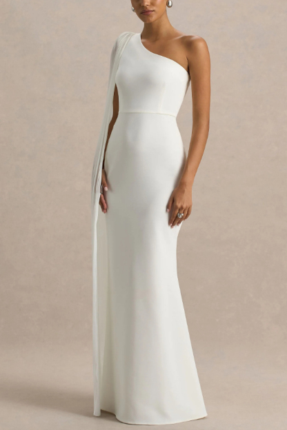 Solid Color Slanted Neckline Pleated Slim-fitting Elegant Maxi Dress