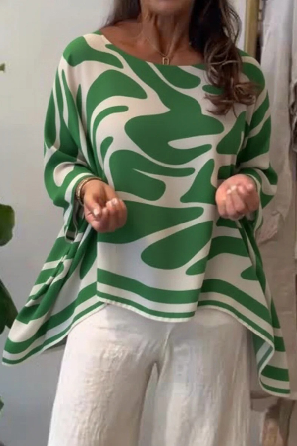 Irregular Print Round Neck Batwing Sleeve Chiffon Loose Top