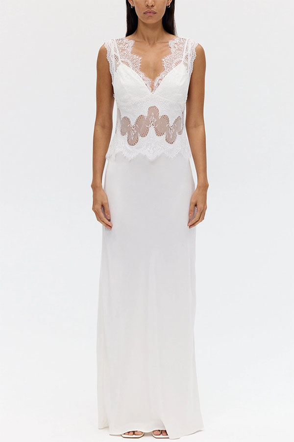 Effortless Elegance Satin Sheer Lace Patchwork V-neck Drape Maxi Dress-consonak