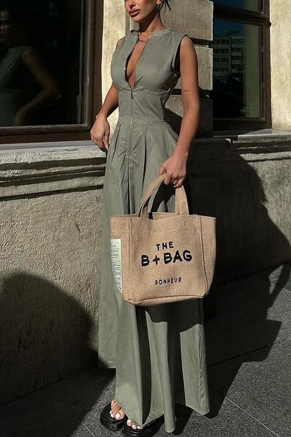 Stylish Sleeveless Zippered V-neck Slim Fit Maxi Dress-consonak