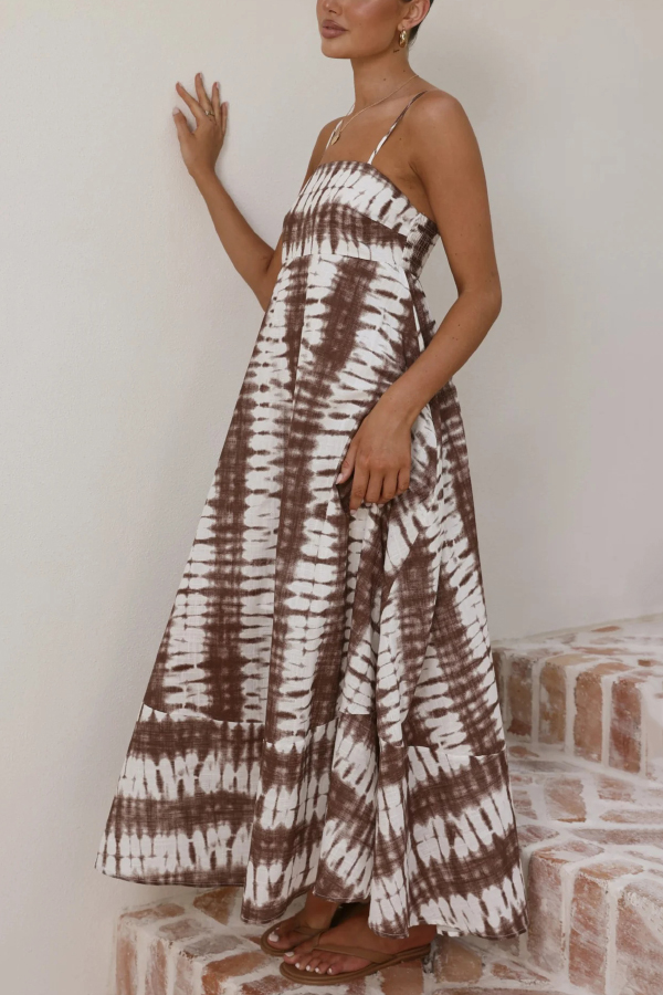 Fashionable Tie-dye Print Spaghetti Strap High-waisted Casual Vacation Maxi Dress