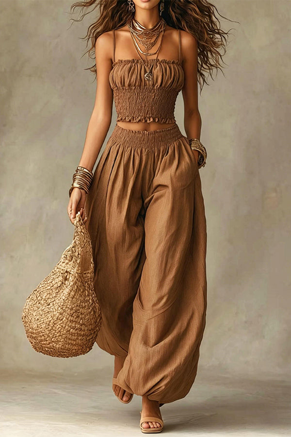 Olive Gypsy  pleated crop top and high-waisted wide-leg pants set-Consonak