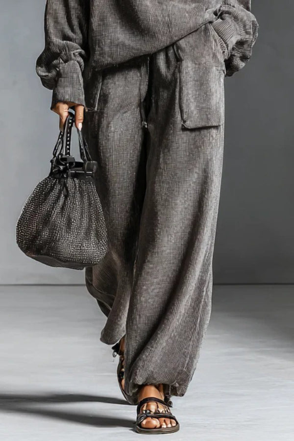 Solid Color Loose-fitting Hooded Long-sleeved Sweatshirt and Elastic Waist Casual Pocket Pants Set