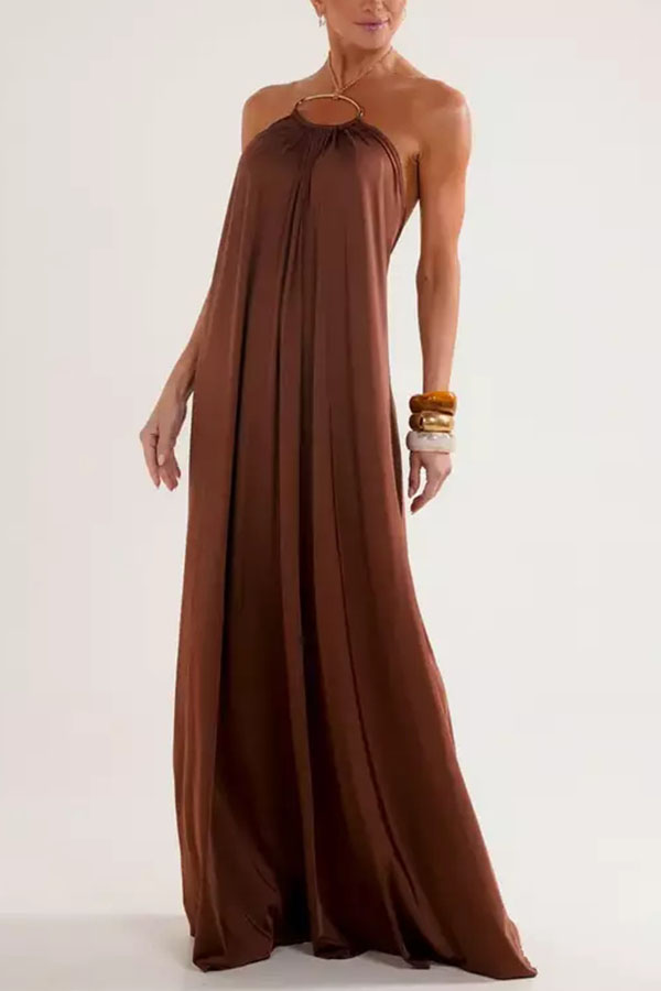 Ocean Goddess Metal Circular Chain Halter Backless Vacation A-line Maxi Dress | Consonak