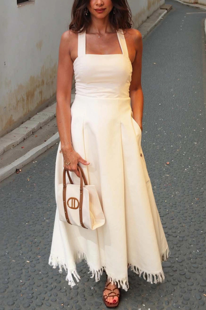 Bohemian Square Neck Pocket Tassel Holiday Maxi Dress-consonak