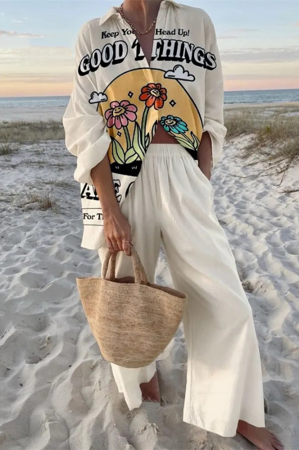 Cartoon Floral Print Oversized Shirt and Elastic Waist Pocket Pants Set