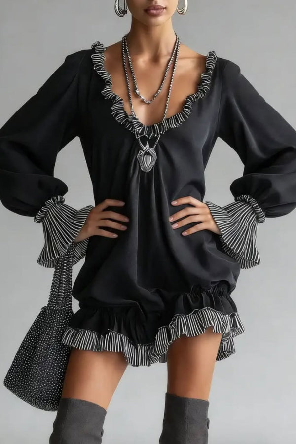 Fashionable Patchwork Ruffled Loose Long-sleeved Casual Mini Dress