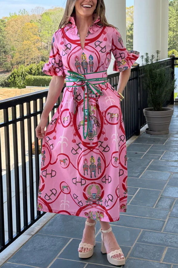 Churchill Social Playful Warhorse Print Stand Neck Ruffle Sleeve Belted Pocket Caftan Midi Dress-Consonak
