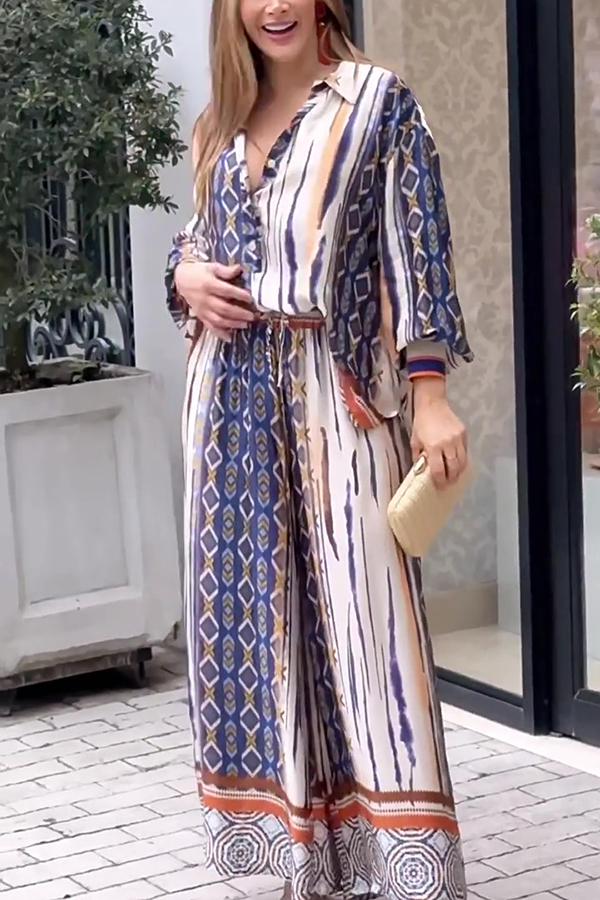 Unique Printed Long-sleeved Shirt Top and Elasticated Waist and Loose Pocket Pants Set-consonak