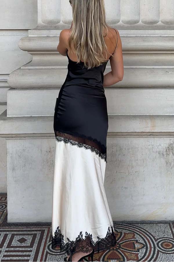 Soft and Romantic Satin Lace Trim Colorblock V-neck Side Slit Maxi Dress-consonak