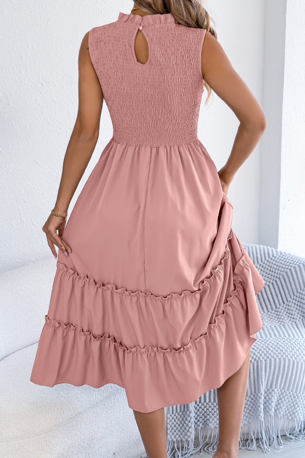 Solid Color Sleeveless Tucked Patchwork Casual Midi Dress-consonak