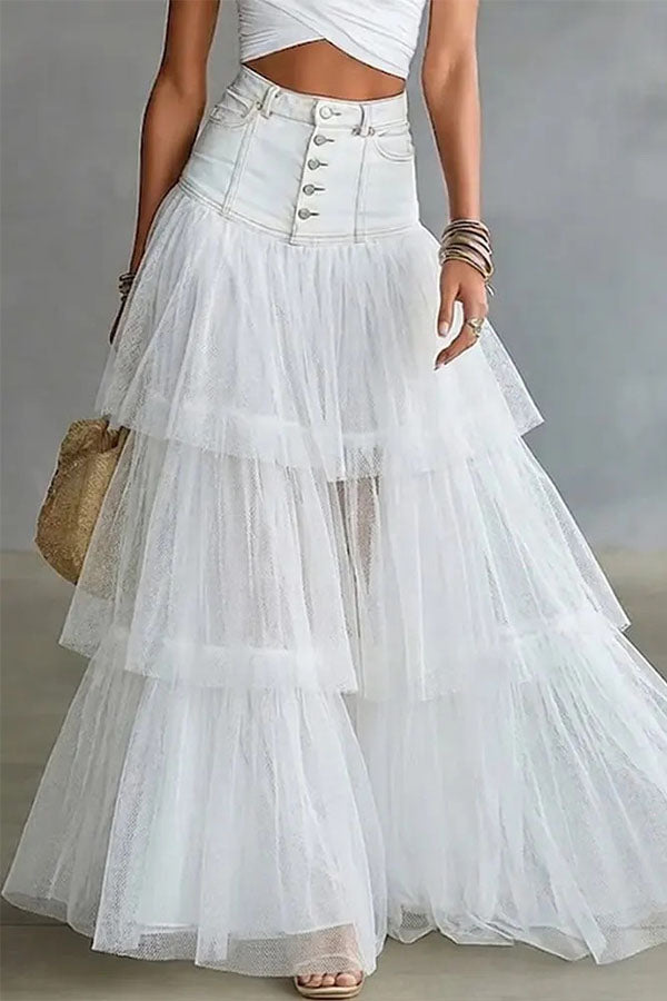 Y2K Fairycore Denim Corset Waist Tulle Maxi Skirt-Consonak