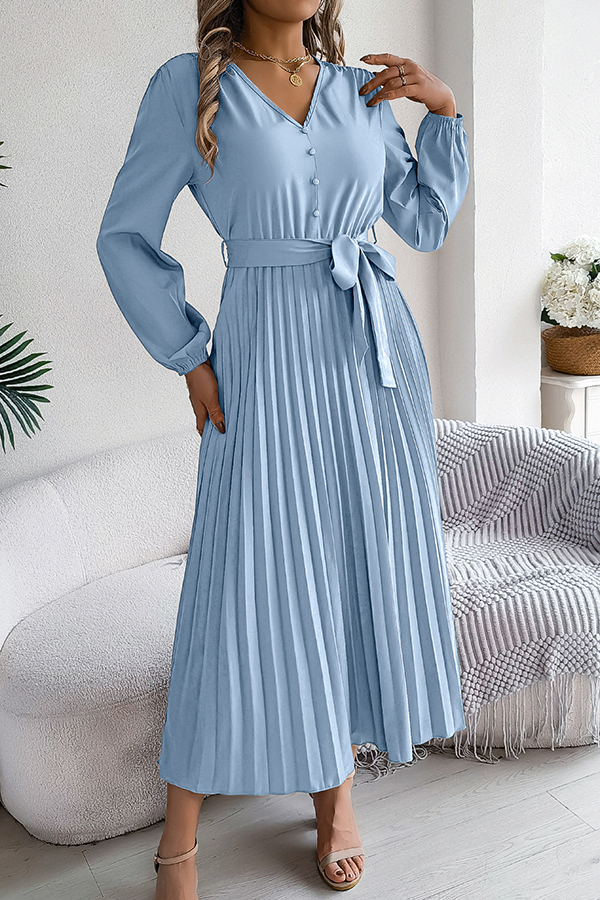 Solid Color Elegant V-neck Buttoned Lace-up Pleated Maxi Dress-consonak