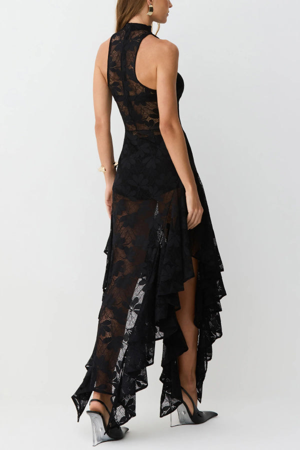 Fashionable Sheer Lace Sleeveless Fitted Ruffled Irregular Midi Dress