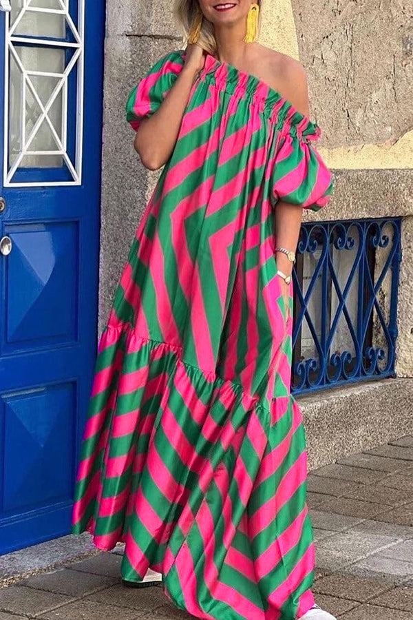 Exquisite Striped Patchwork Bell Sleeve Pocket Maxi Dress-consonak