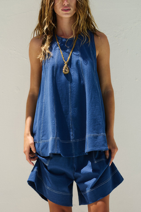Stylish Loose-fitting Round Neck Sleeveless Top and Casual Pocket Shorts Denim Set | Consonak