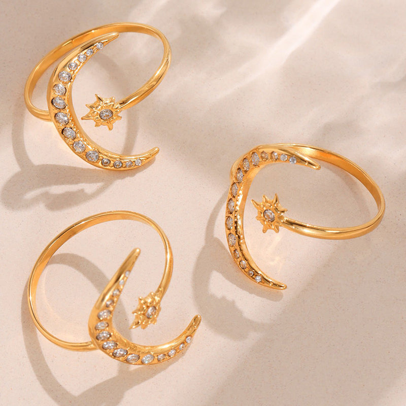 Elegant Super-shiny Zircon Star and Moon Irregular Geometric Ring-consonak