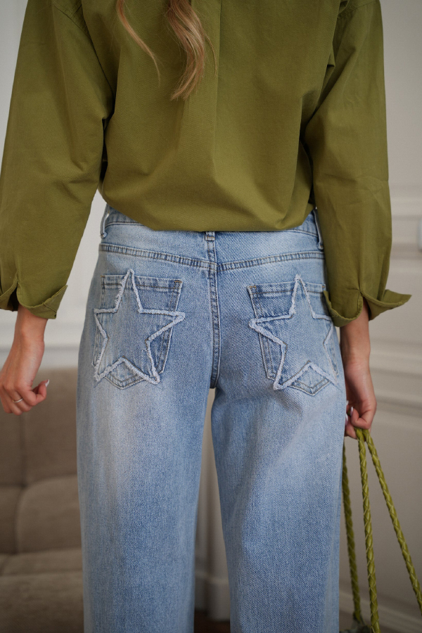 Stylish Denim Colorblock Star Patterned Mid Waist Pocket Wide Leg Jeans