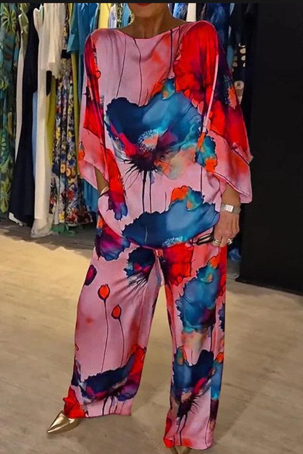 Satin Botanical Print Crew Neck Casual Top and Elastic Waist Loose Pocket Pants Set-consonak