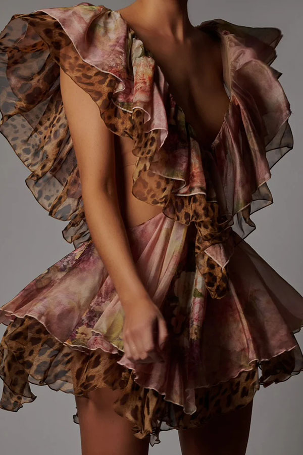 Dreamy Island Floral Leopard Print Cutout Waist Tiered Ruffles Mini Dress | Consonak