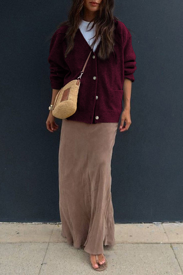 Solid Color V-Neck Button Casual Pocket Knit Cardigan-consonak
