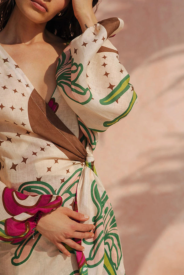 Tracey Linen Blend Unique Print Balloon Sleeve Tie-up Tunic Maxi Dress | Consonak