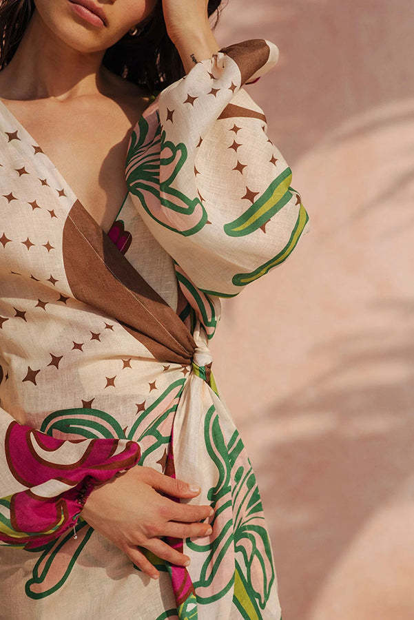 Tracey Linen Blend Unique Print Balloon Sleeve Tie-up Tunic Maxi Dress-consonak