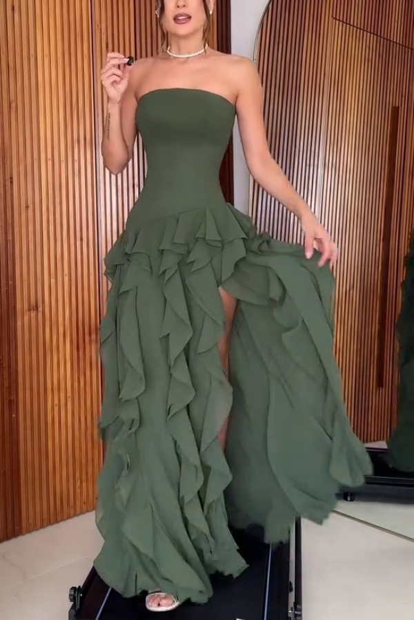 Elegant Sleeveless Off-shoulder Fitted Ruffled High Slit Maxi Dress | Consonak