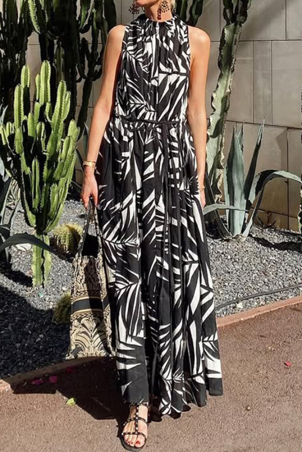 Leaf Print Sleeveless Waist Tie Casual Holiday Maxi Dress