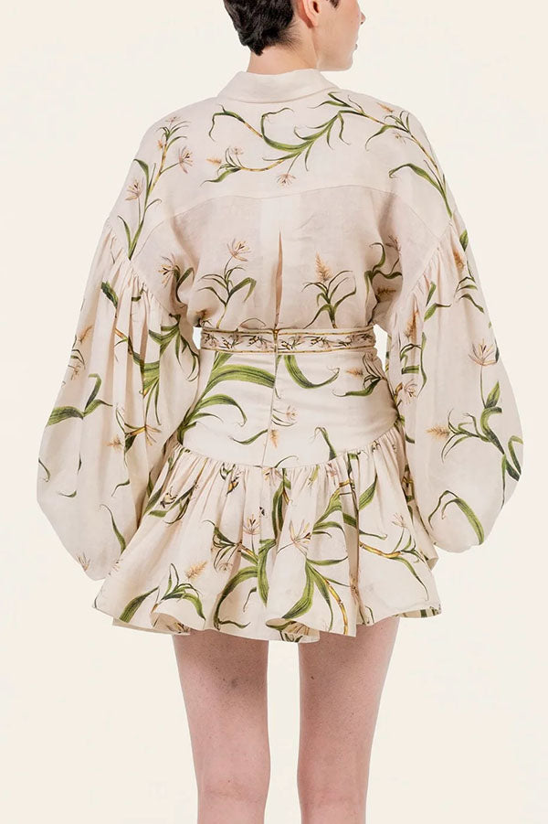 Botanical Print Puff-Sleeve Blouse & Ruffled Skirt Set-Consonak