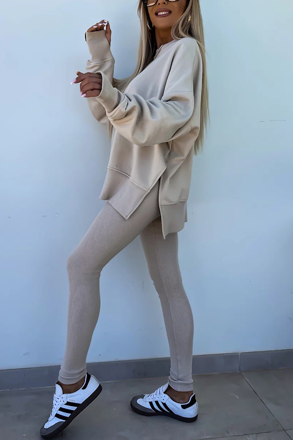 Solid Color Loose Long Sleeve SlitSweatshirt and Elastic Waist Tight Pants Set-consonak