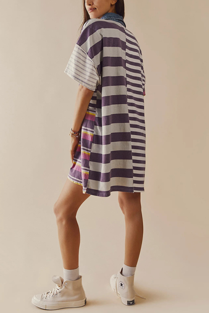 Contrast Striped Patchwork Denim Lapel Loose Casual Mini Dress-consonak