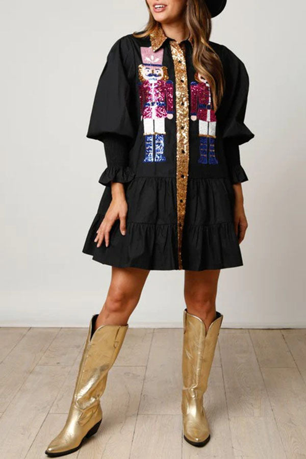 Nutcracker Sequined Button Down Long Sleeve Mini Dress-consonak