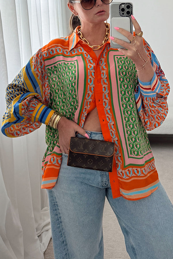 Brazil's Joyful Spirit Colorful Unique Print Balloon Sleeve Button Loose Shirt-consonak