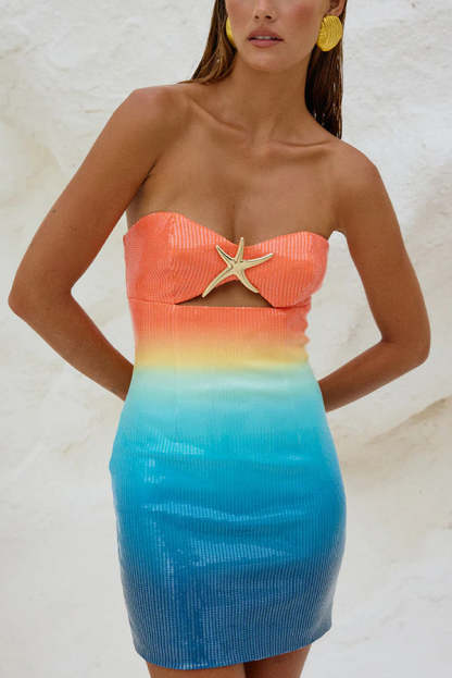 Gradient Sequin Sexy Off-the-shoulder Hollow Slim Mini Dress-consonak